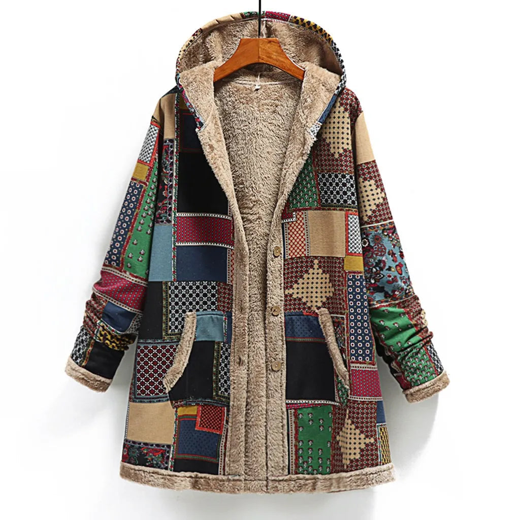 Veste femme – Coupe oversize – Patchwork texturé – Doublure chaude en shearling – Capuche
