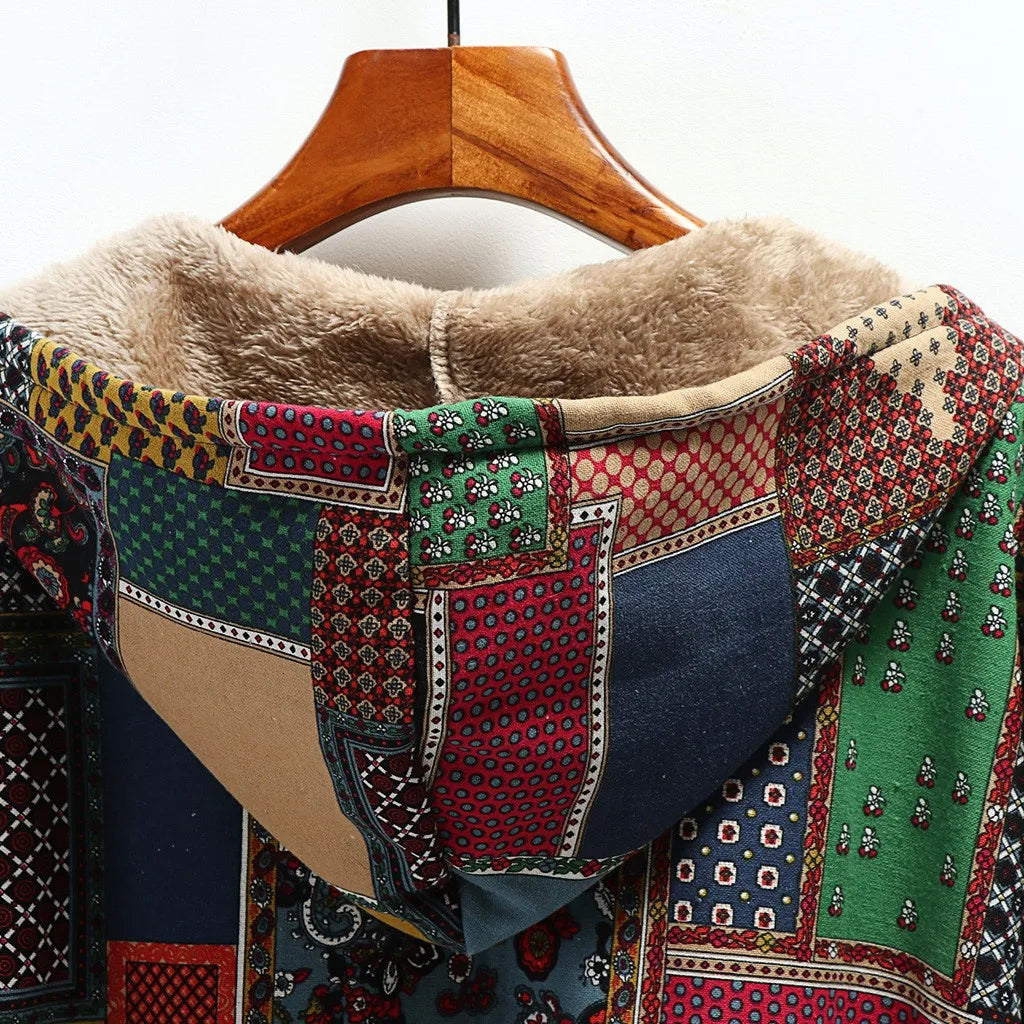 Veste femme – Coupe oversize – Patchwork texturé – Doublure chaude en shearling – Capuche