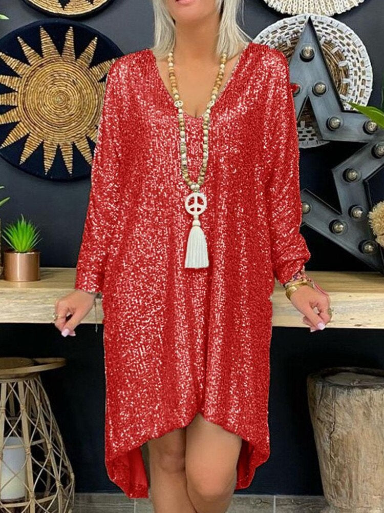 Robe femme soirée – Coupe ample – Col en V – Manches longues – Ourlet asymétrique – Tissu à sequins