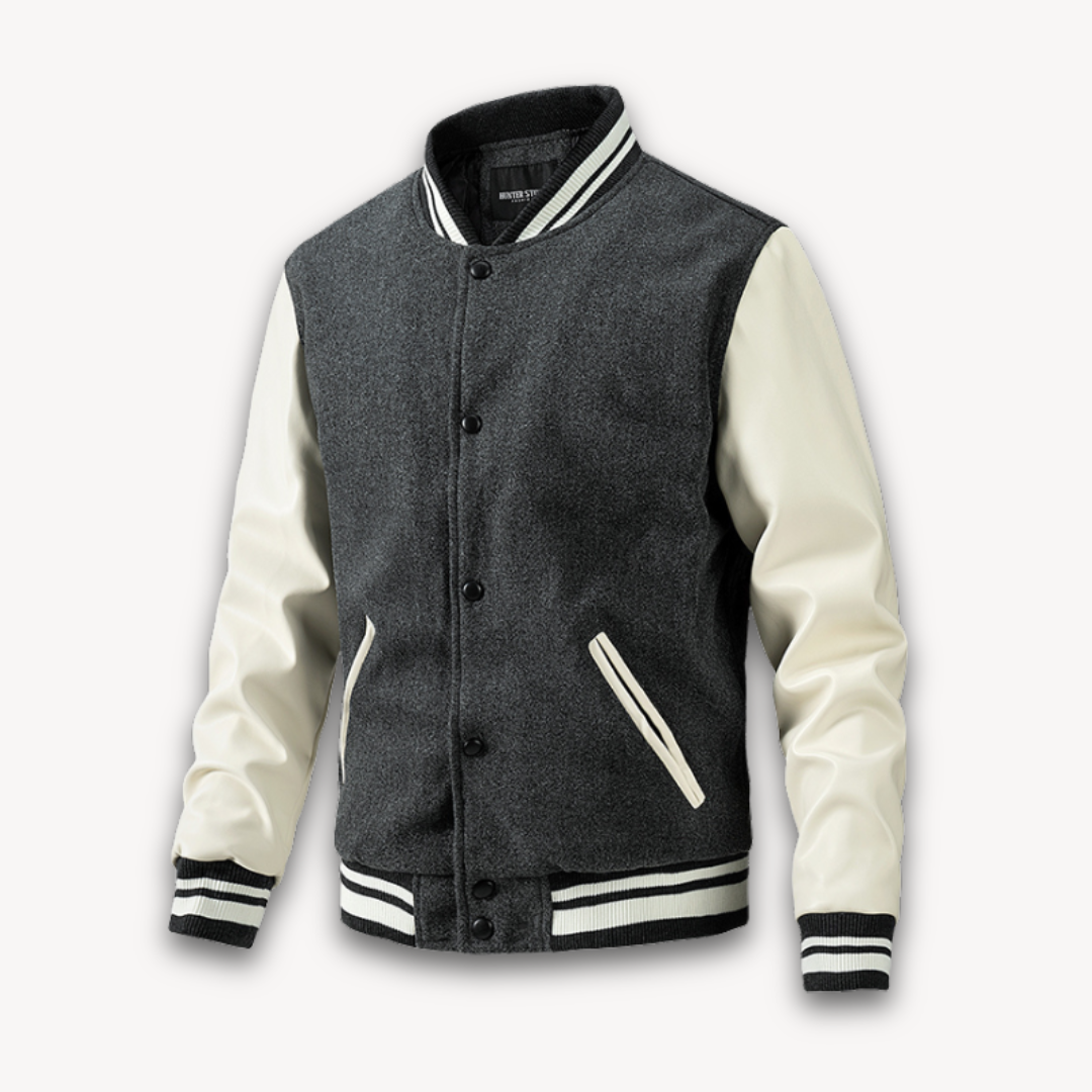 Veste universitaire homme – Coupe décontractée – Manches effet cuir – Boutons pression