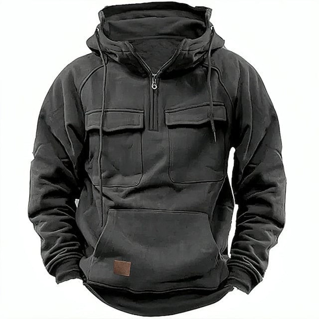Sweat à capuche homme – Coupe décontractée – Coton – Demi-zip – Poches à rabat