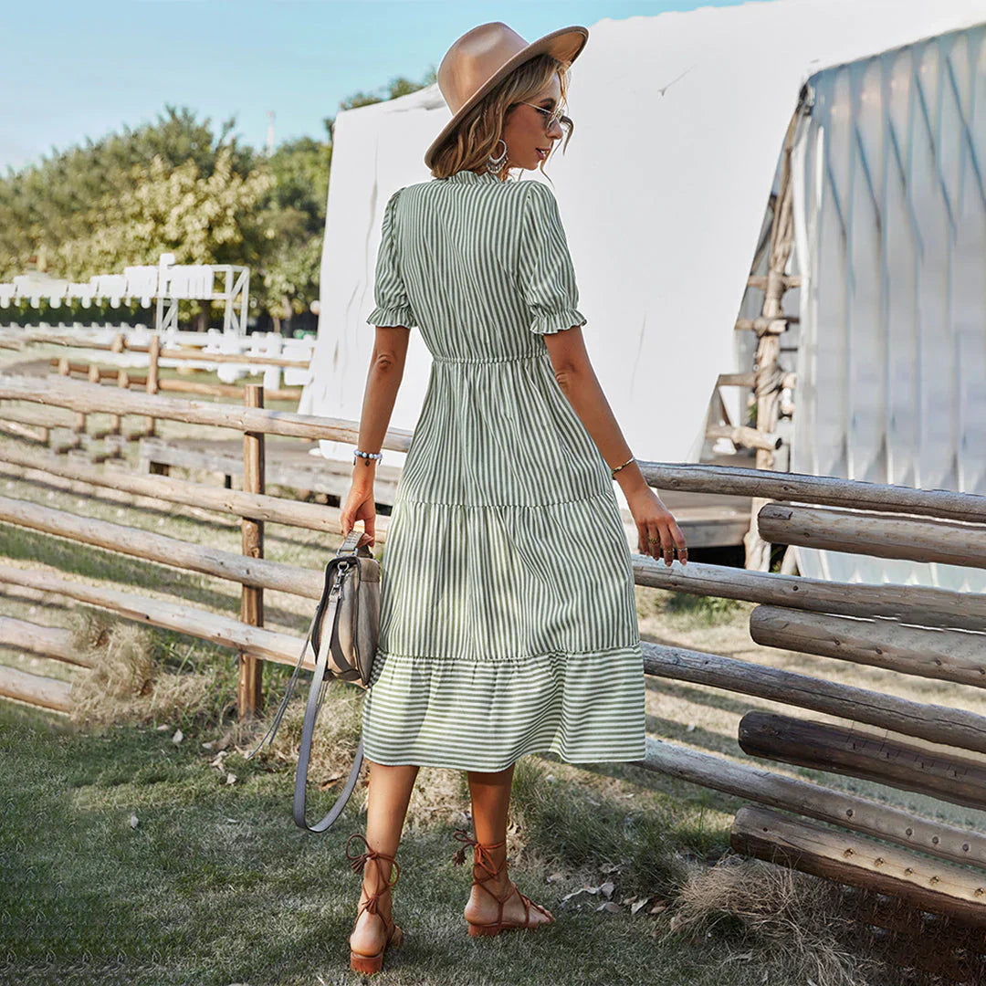 Robe Midi Femme - Col V Boutonné - Manches Bouffantes - Coupe Ample Bohème