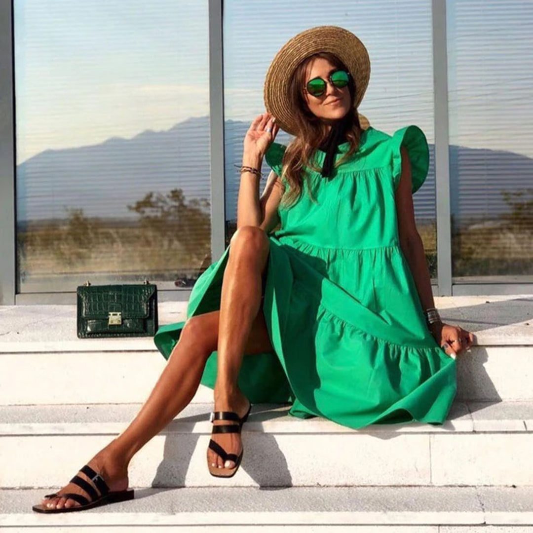 Robe Midi Femme - Coupe Évasée Confortable - Manches Courtes - Col Rond Élégant