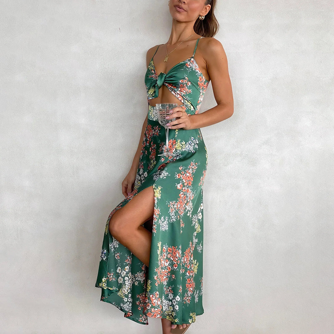 Robe Midi Femme - Décolleté V Noué - Bretelles Fines - Tissu Léger Fluide - Imprimé Fleuri