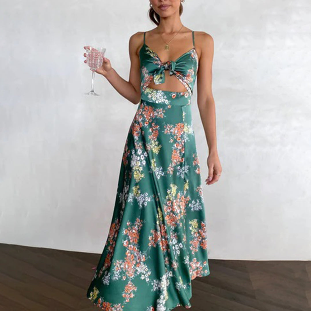 Robe Midi Femme - Décolleté V Noué - Bretelles Fines - Tissu Léger Fluide - Imprimé Fleuri