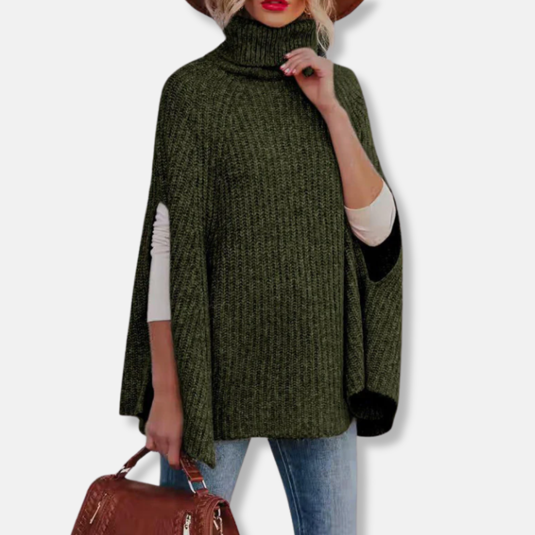Pull cape femme – Coupe ample – Col montant – Maille côtelée – Mélange laine