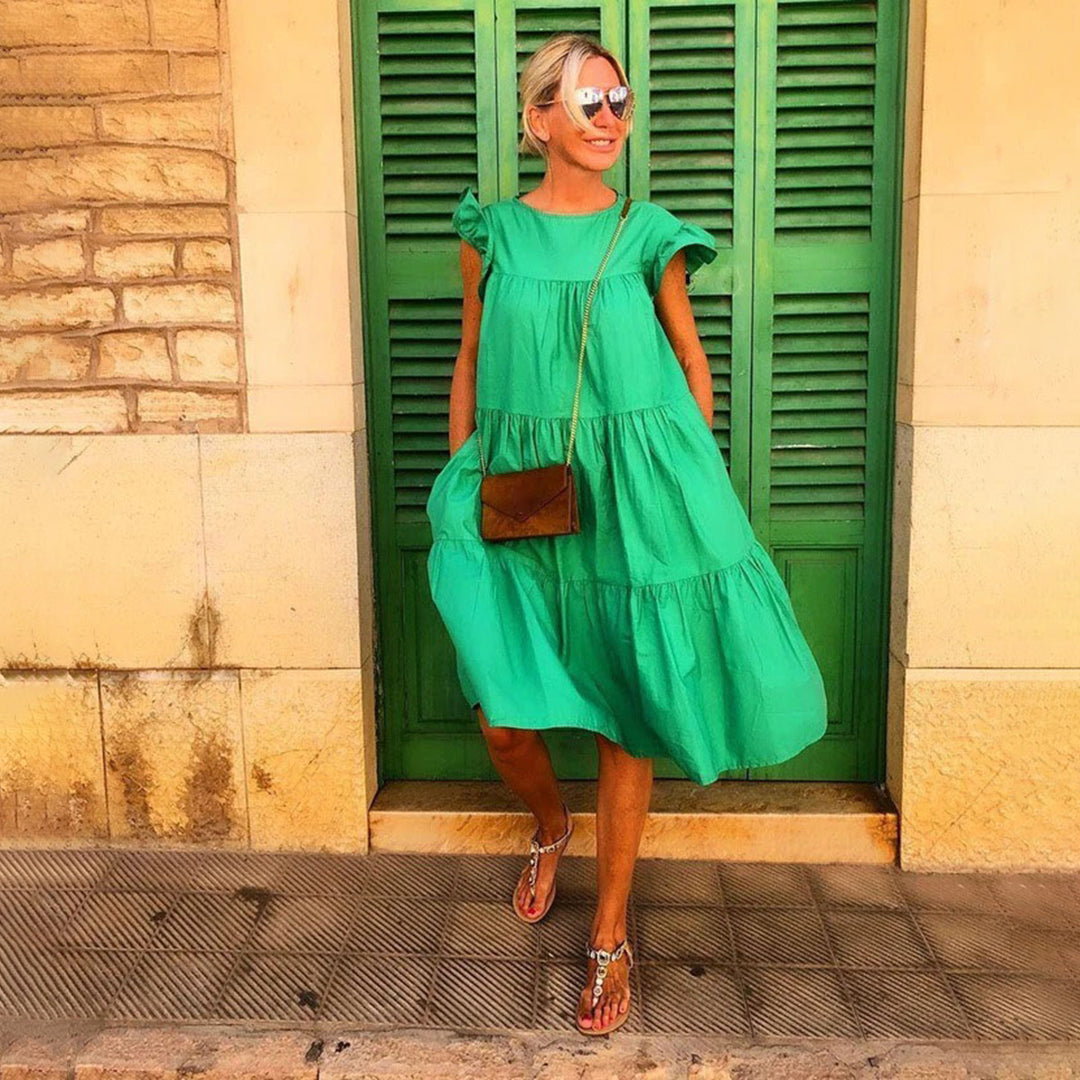 Robe Midi Femme - Coupe Évasée Confortable - Manches Courtes - Col Rond Élégant