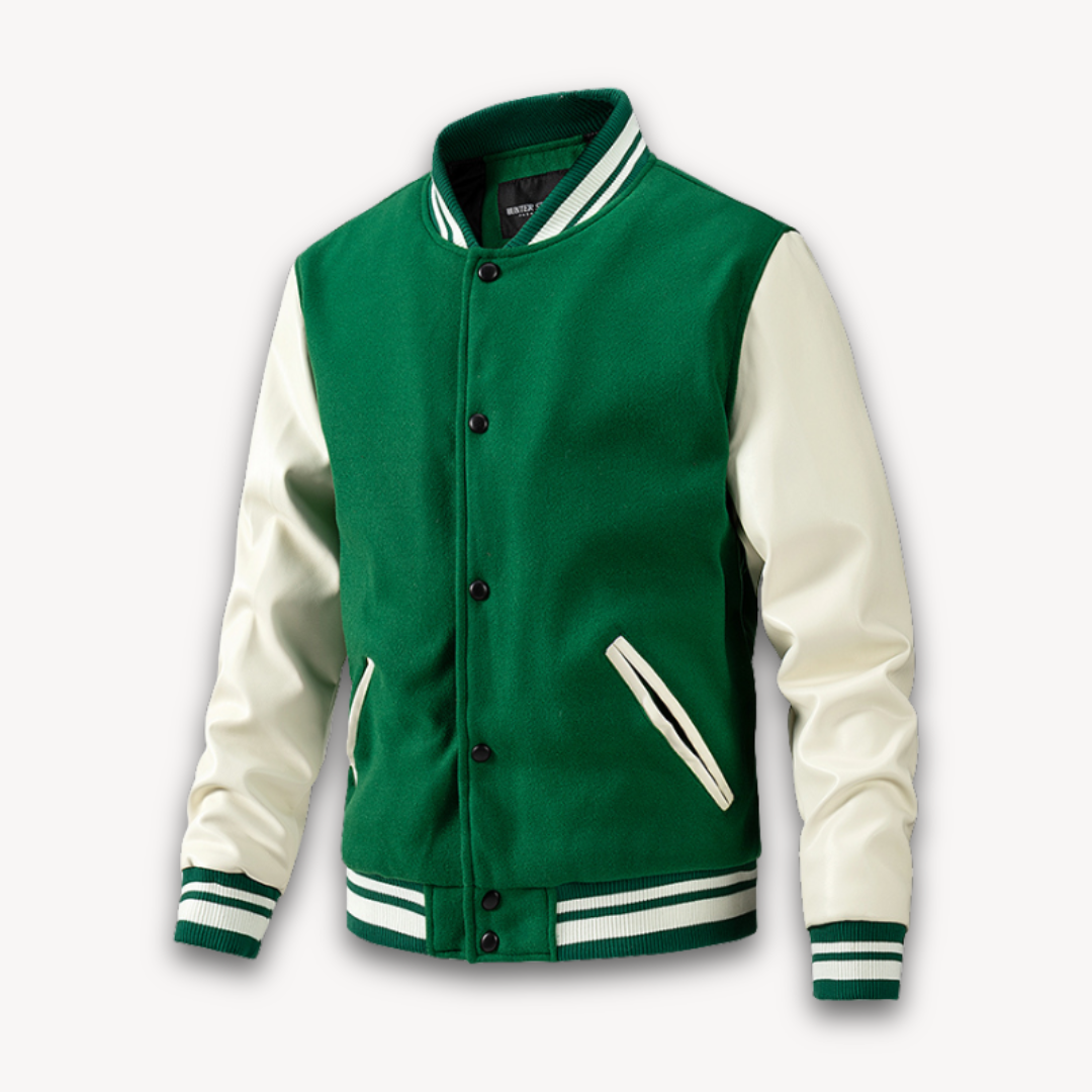 Veste universitaire homme – Coupe décontractée – Manches effet cuir – Boutons pression