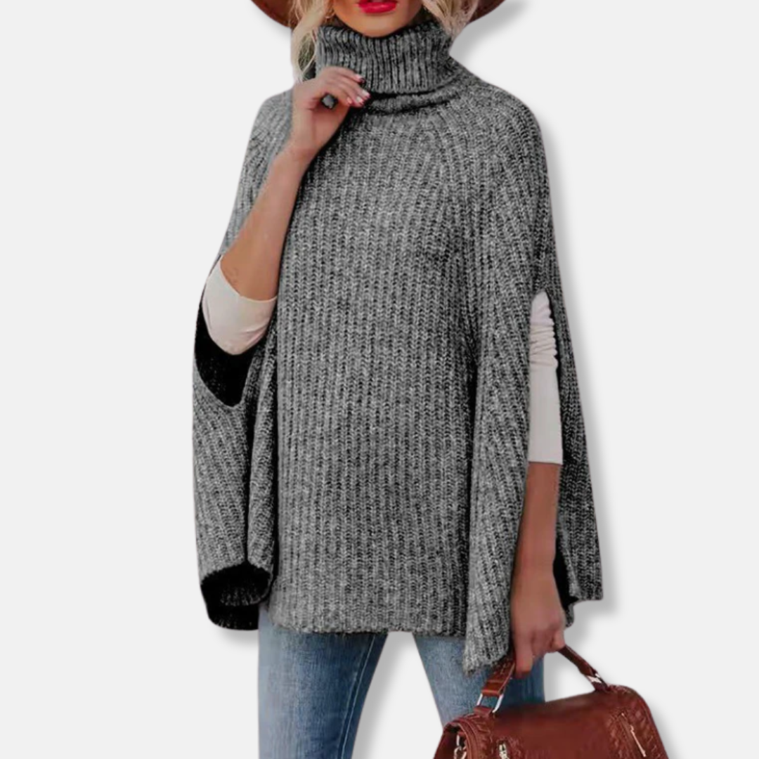 Pull cape femme – Coupe ample – Col montant – Maille côtelée – Mélange laine