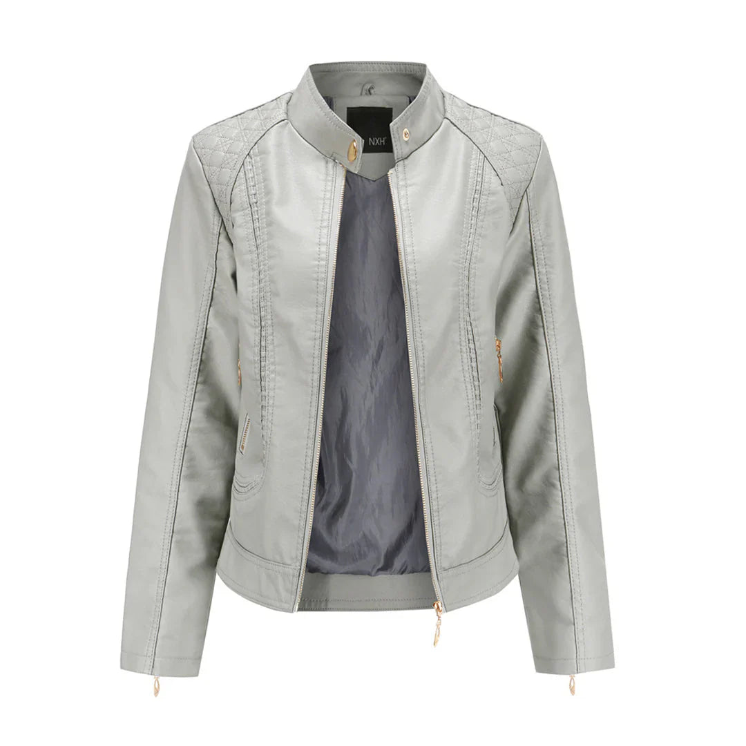 Veste en cuir femme – Coupe slim – Épaules matelassées – Col montant – Poches zippées