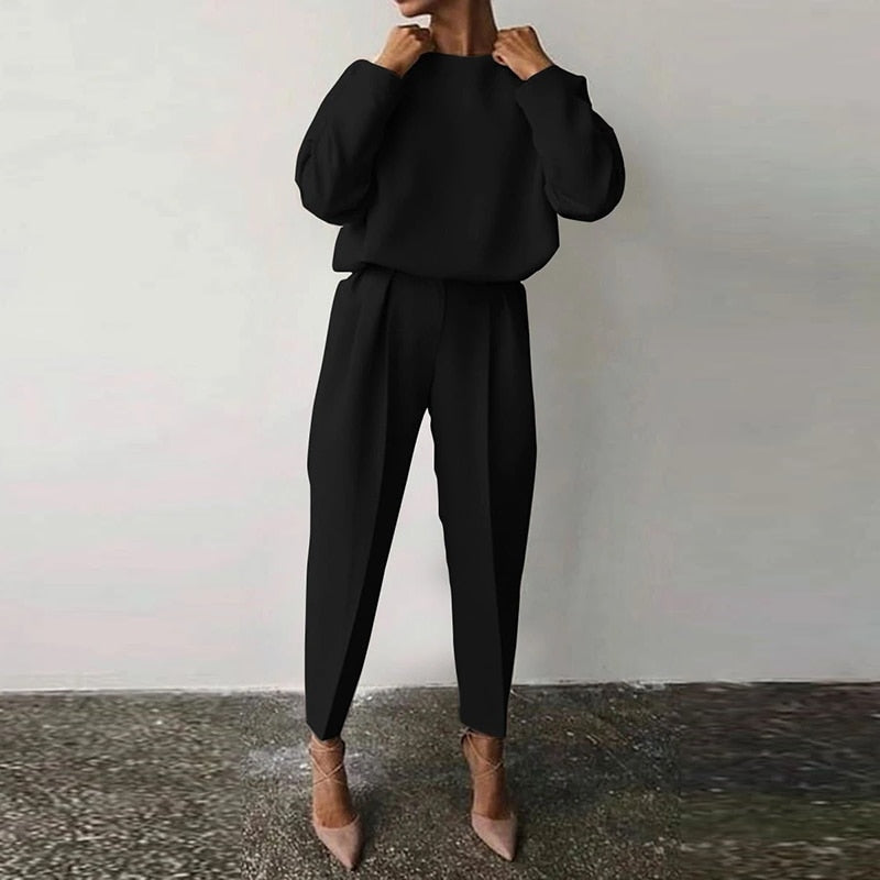 Ensemble Femme 2 Pièces – Haut Ample Manches Ballon – Pantalon Taille Haute Plissé