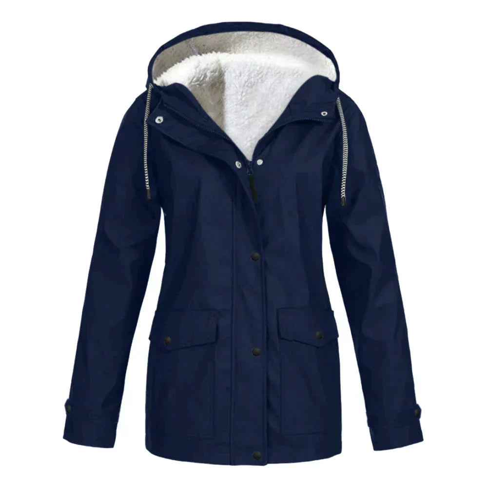 Veste imperméable femme – Coupe décontractée – Capuche doublée polaire – Mi-longue