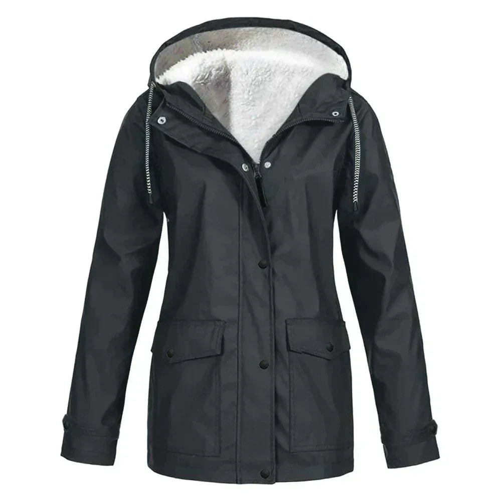 Veste imperméable femme – Coupe décontractée – Capuche doublée polaire – Mi-longue