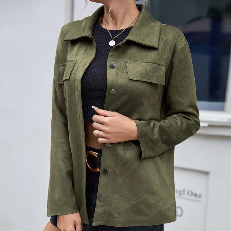 Veste femme décontractée – Coupe ample – Suédine – Boutons – Poches poitrine