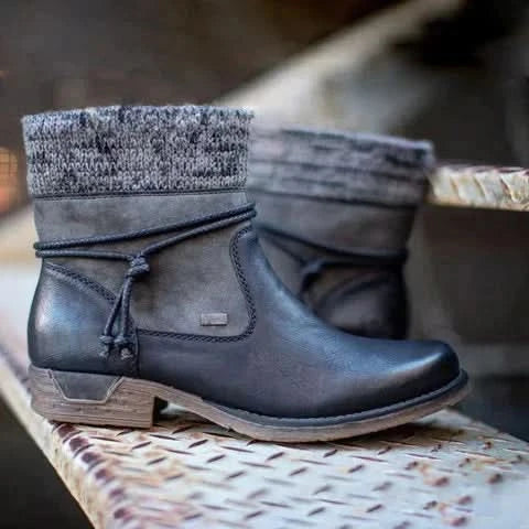 Bottes Femme - Cuir Élégant - Talon Bas Confortable - Détail Tricoté Mode