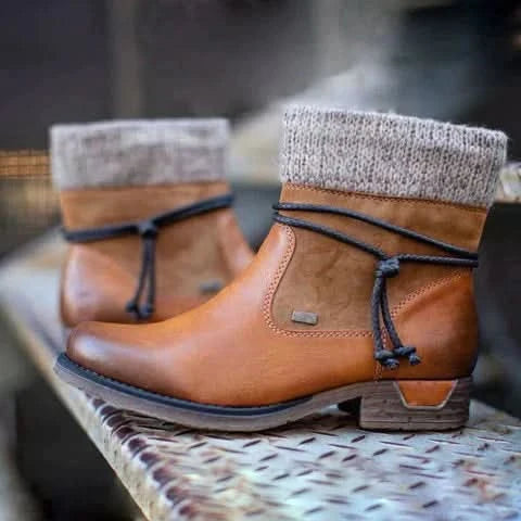 Bottes Femme - Cuir Élégant - Talon Bas Confortable - Détail Tricoté Mode