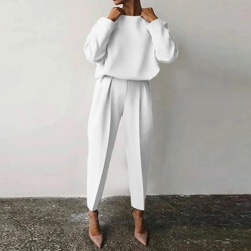 Ensemble Femme 2 Pièces – Haut Ample Manches Ballon – Pantalon Taille Haute Plissé