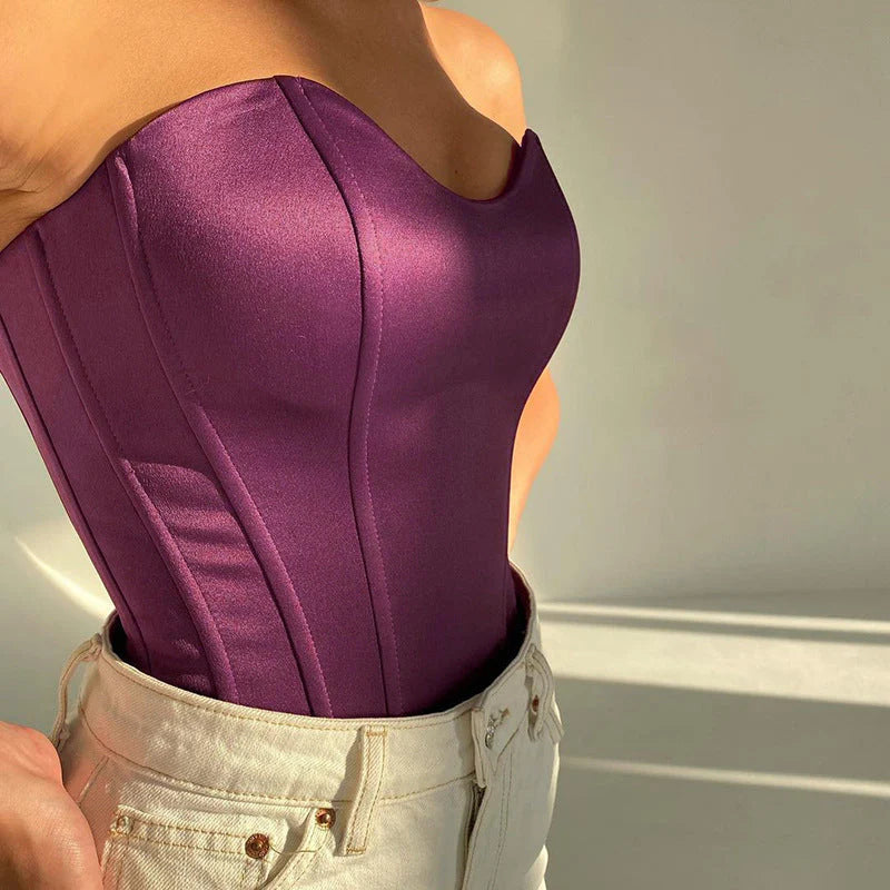 Top court corset femme – Sans bretelles – Décolleté cœur – Tissu luxueux structuré