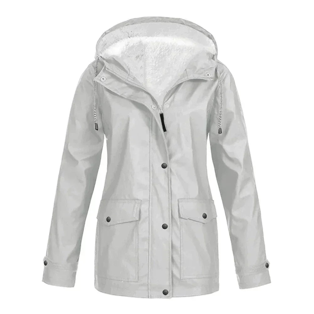 Veste imperméable femme – Coupe décontractée – Capuche doublée polaire – Mi-longue