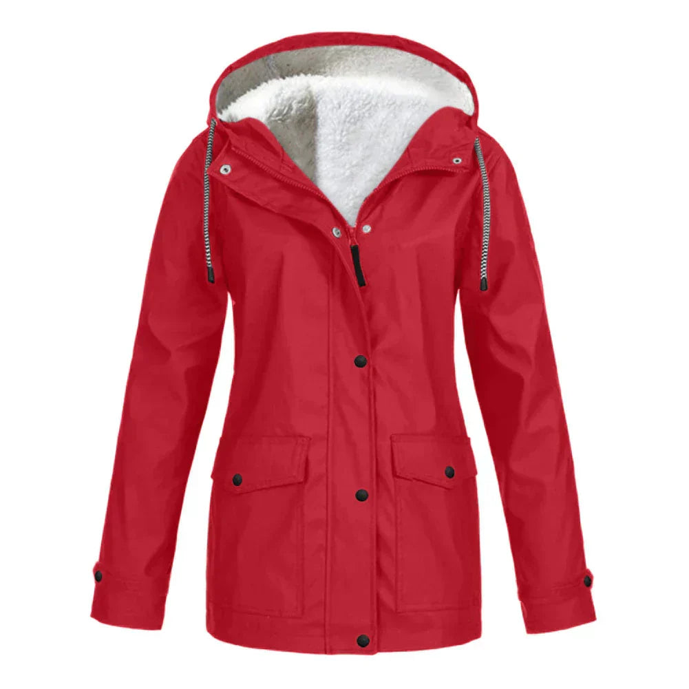 Veste imperméable femme – Coupe décontractée – Capuche doublée polaire – Mi-longue
