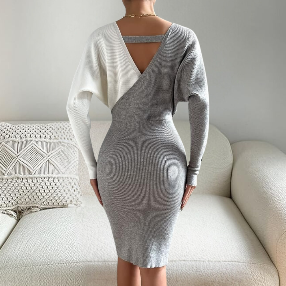 Robe Pull Femme - Coupe Près du Corps - Col V Cache-Cœur - Manches Longues Boutonnées