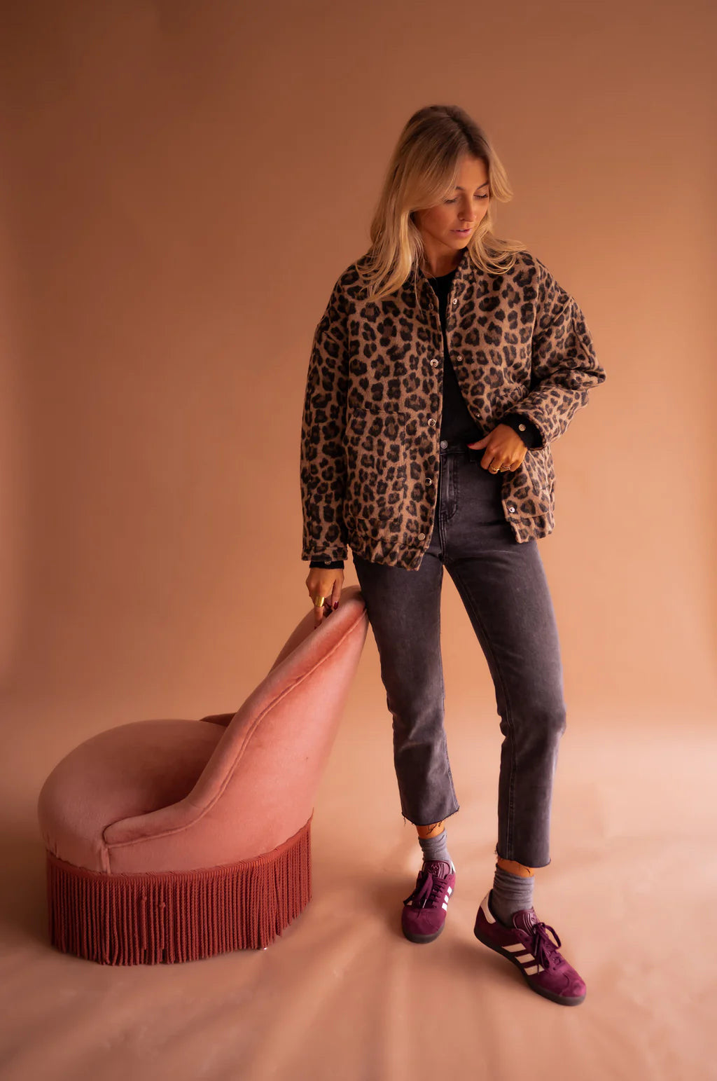 Blouson femme – Fausse fourrure – Coupe décontractée – Imprimé léopard – Boutons pression