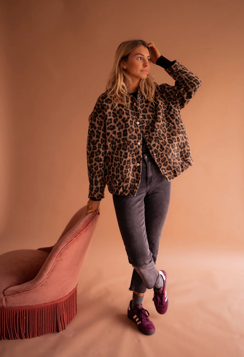 Blouson femme – Fausse fourrure – Coupe décontractée – Imprimé léopard – Boutons pression