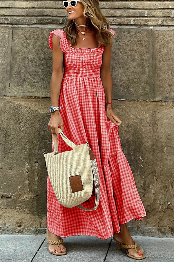 Robe Maxi Femme - Smockée - Col Carré - Manches Courtes Volantées - Motif Vichy
