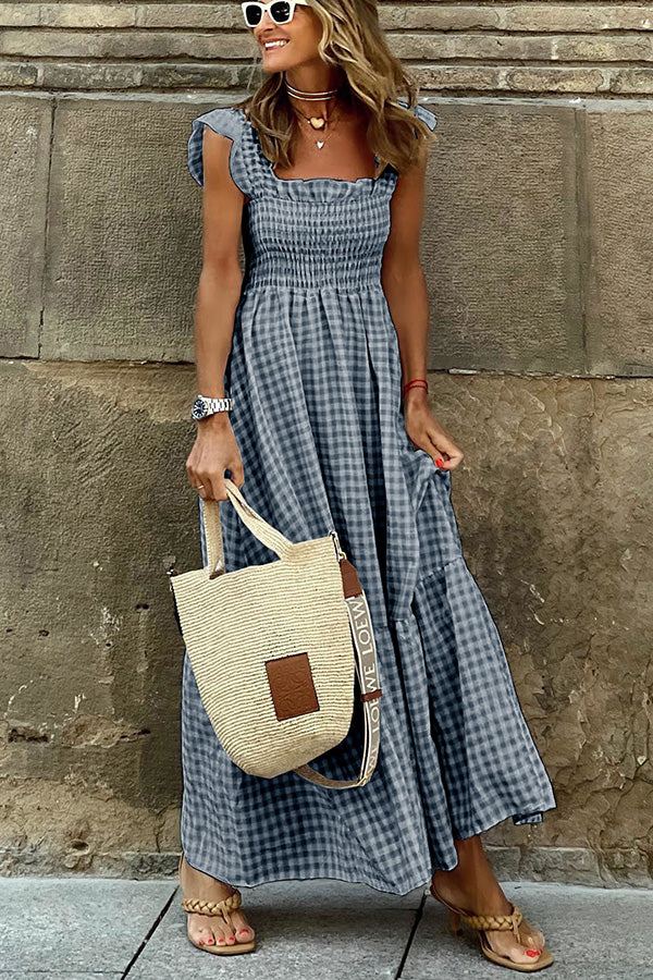Robe Maxi Femme - Smockée - Col Carré - Manches Courtes Volantées - Motif Vichy