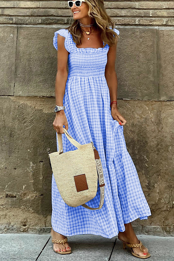 Robe Maxi Femme - Smockée - Col Carré - Manches Courtes Volantées - Motif Vichy