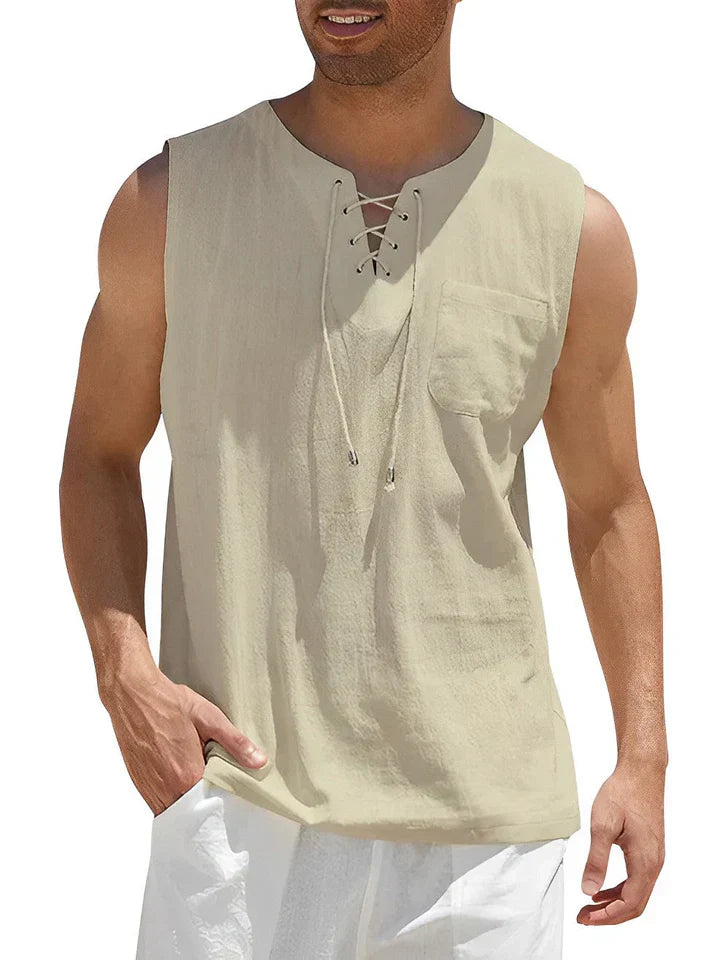 Débardeur homme – Coupe décontractée – Devant lacé – Poche poitrine – Tissu respirant