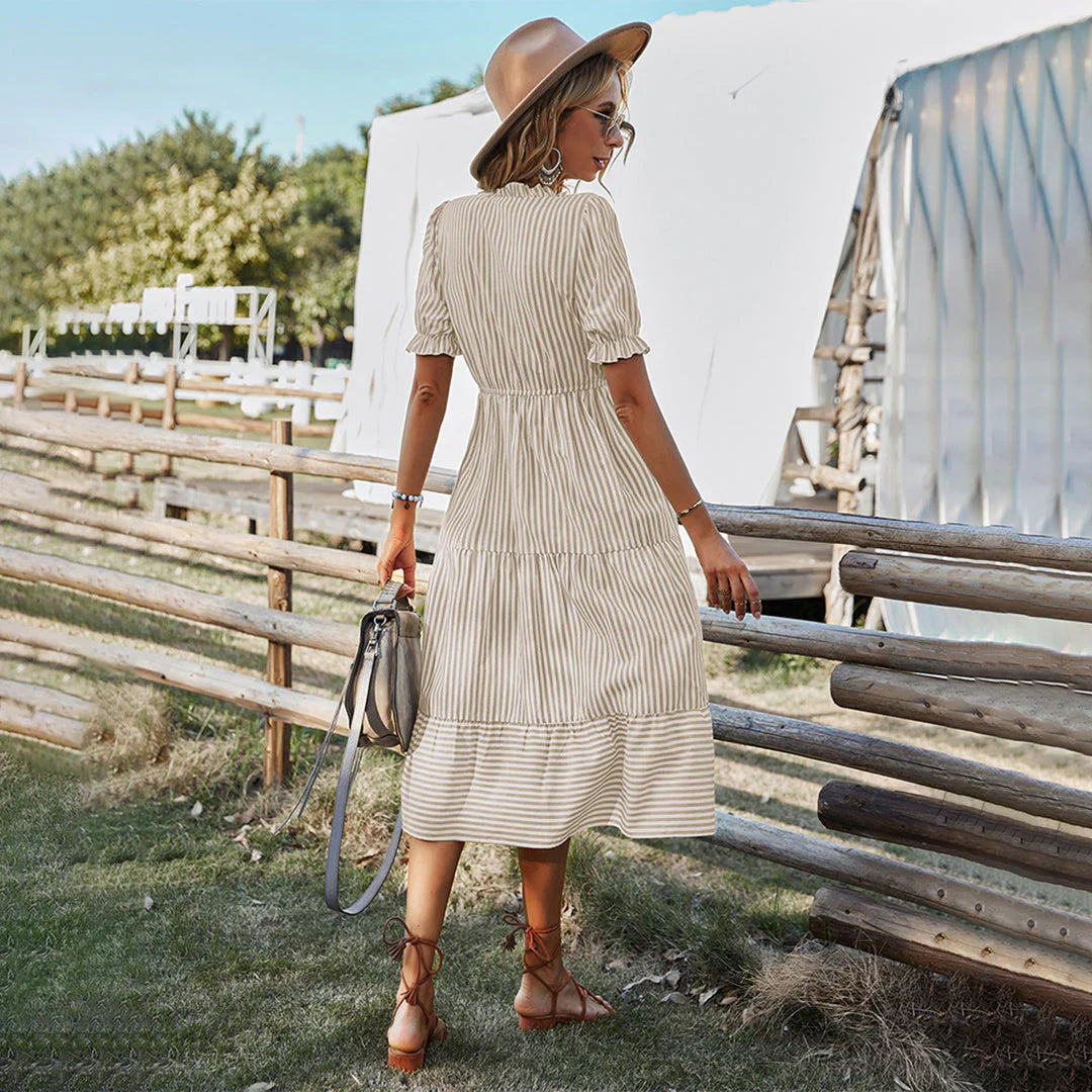 Robe Midi Femme - Col V Boutonné - Manches Bouffantes - Coupe Ample Bohème