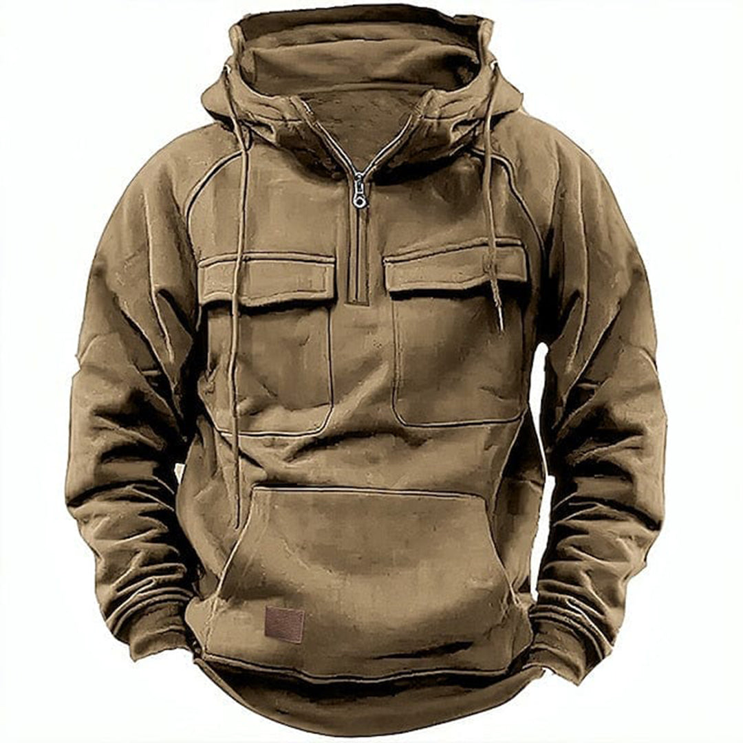 Sweat à capuche homme – Coupe décontractée – Coton – Demi-zip – Poches à rabat