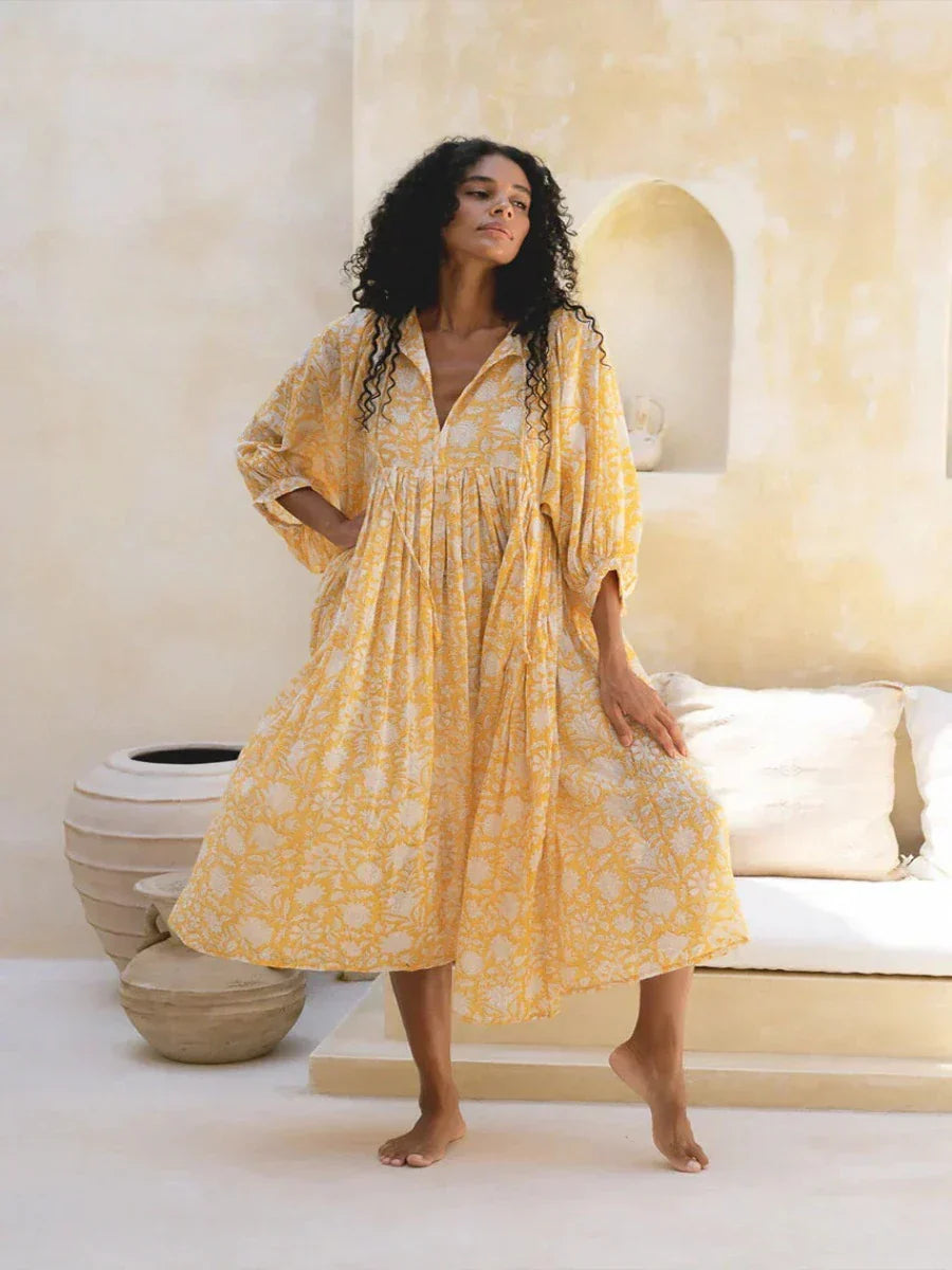 Robe Longue Femme - Fluide et Légère - Manches Bouffantes - Imprimé Fleuri Boho