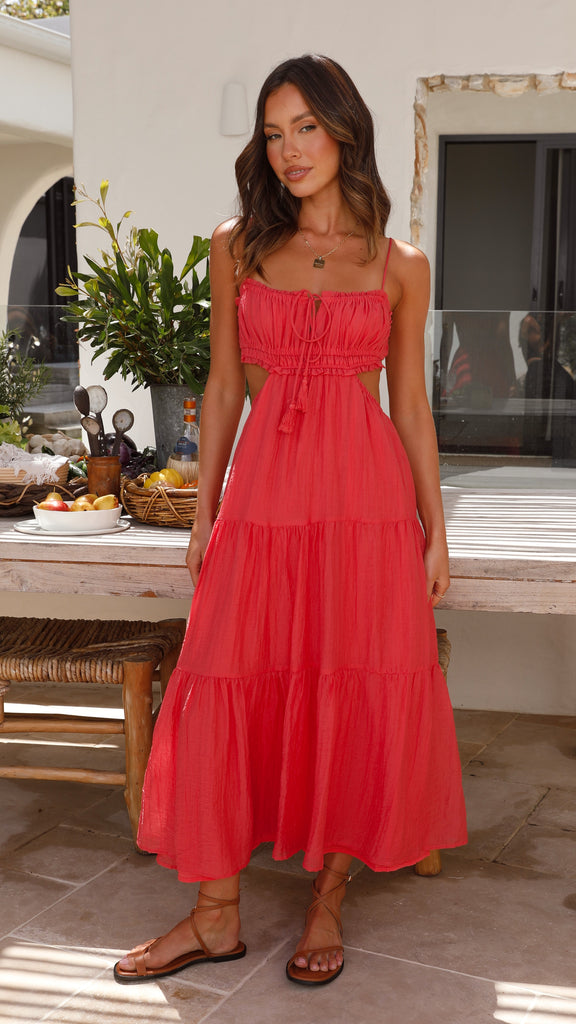 Robe Maxi Femme - Sans Manches - Bretelles Fines - Jupe Évasée - Détails Découpés