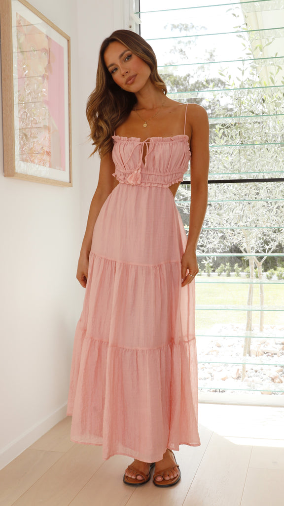 Robe Maxi Femme - Sans Manches - Bretelles Fines - Jupe Évasée - Détails Découpés