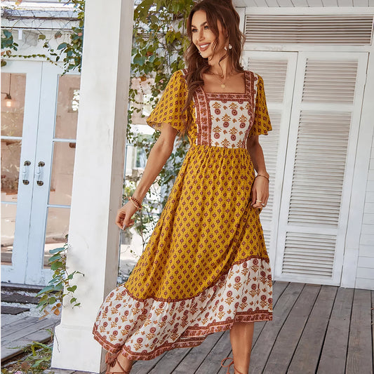 Robe Longue Femme - Style Bohème - Encolure Carrée - Manches Volants - Tissu Léger