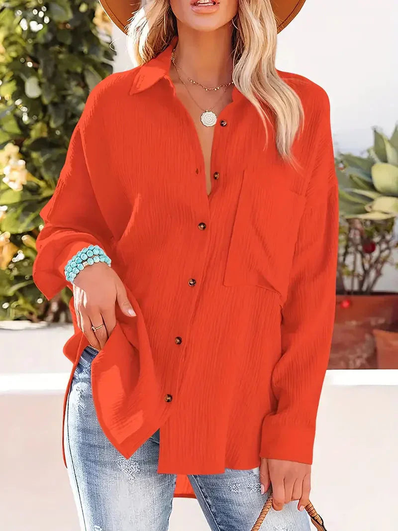 Blouse femme – Coupe décontractée – Tissu léger froissé – Manches longues retroussées