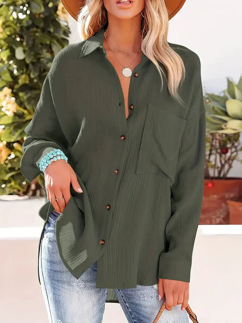 Blouse femme – Coupe décontractée – Tissu léger froissé – Manches longues retroussées