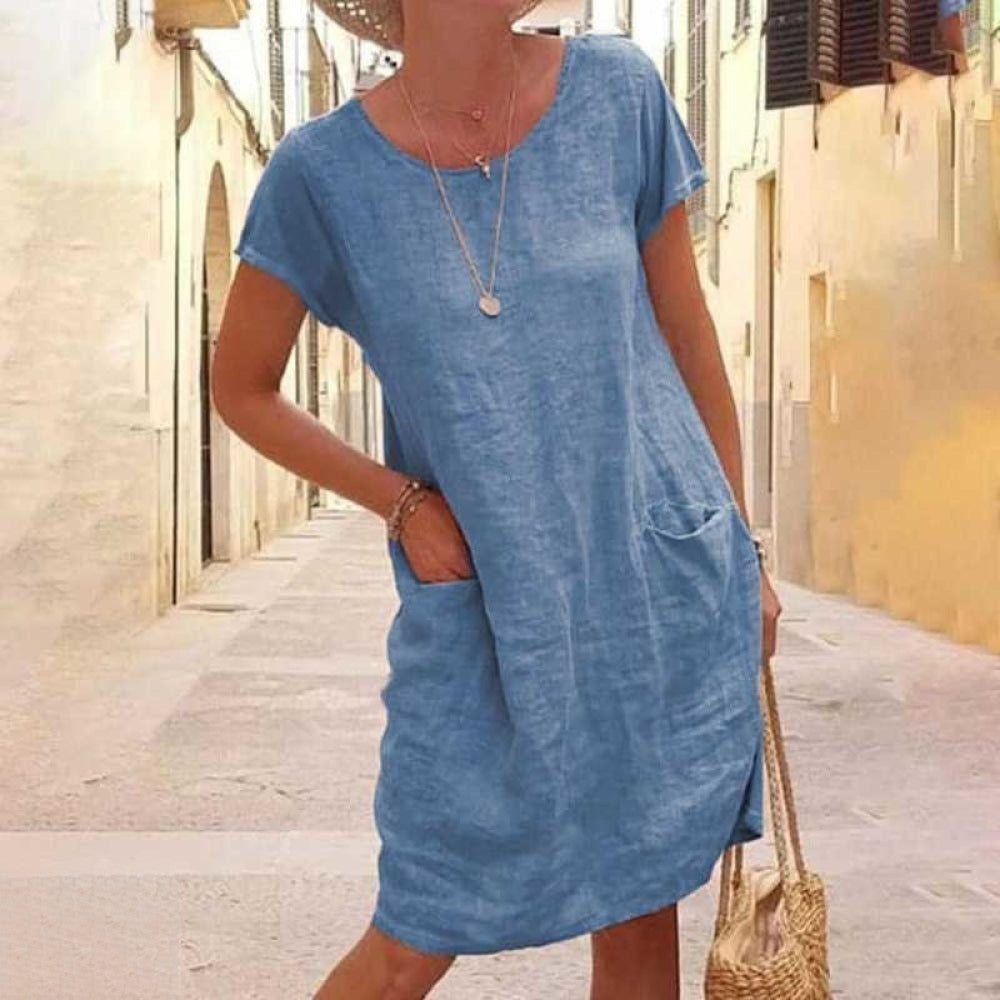 Robe Femme – Coupe Droite Décontractée – Manches Courtes – Fibres Naturelles – Poches