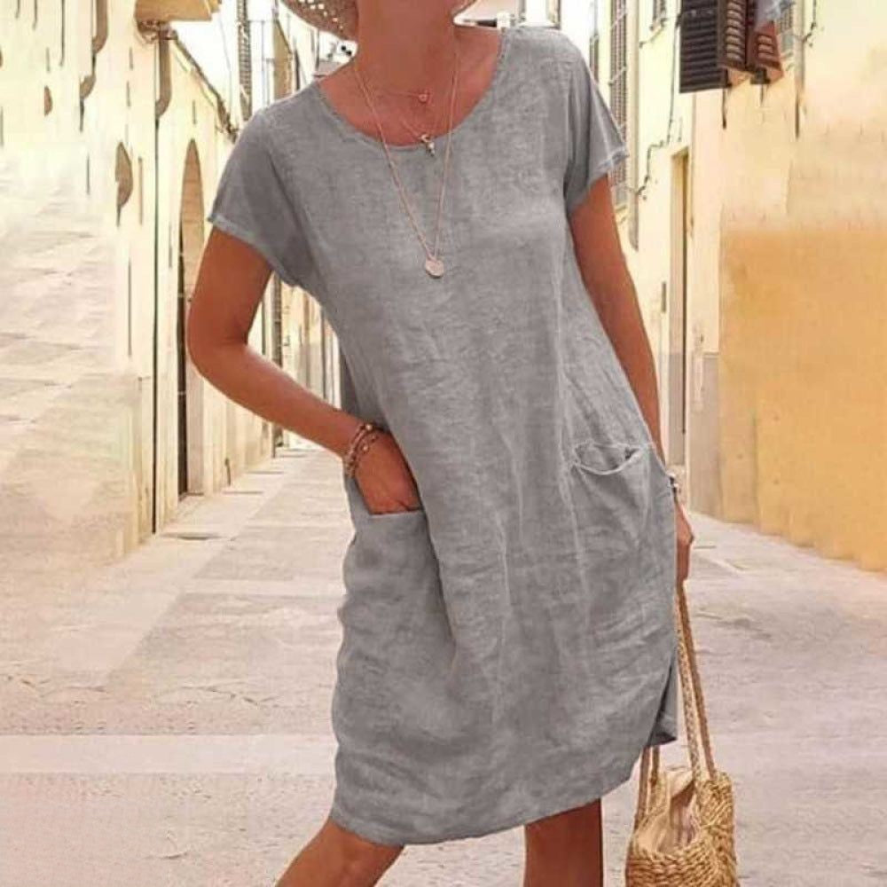 Robe Femme – Coupe Droite Décontractée – Manches Courtes – Fibres Naturelles – Poches