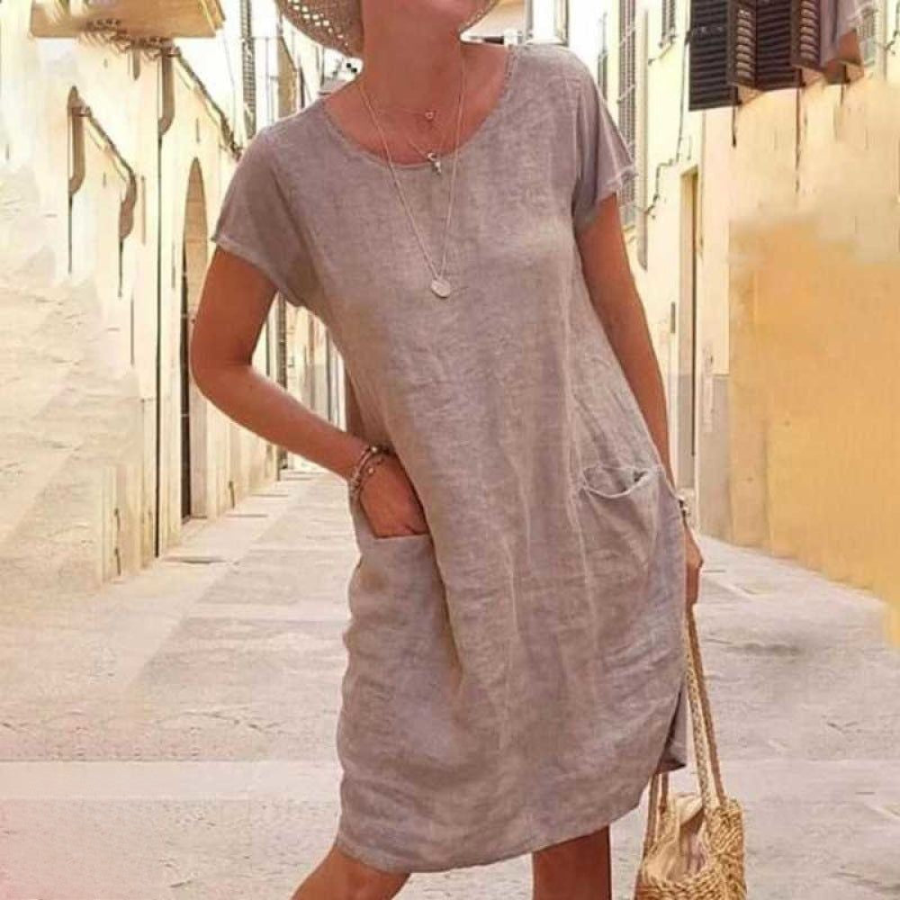 Robe Femme – Coupe Droite Décontractée – Manches Courtes – Fibres Naturelles – Poches