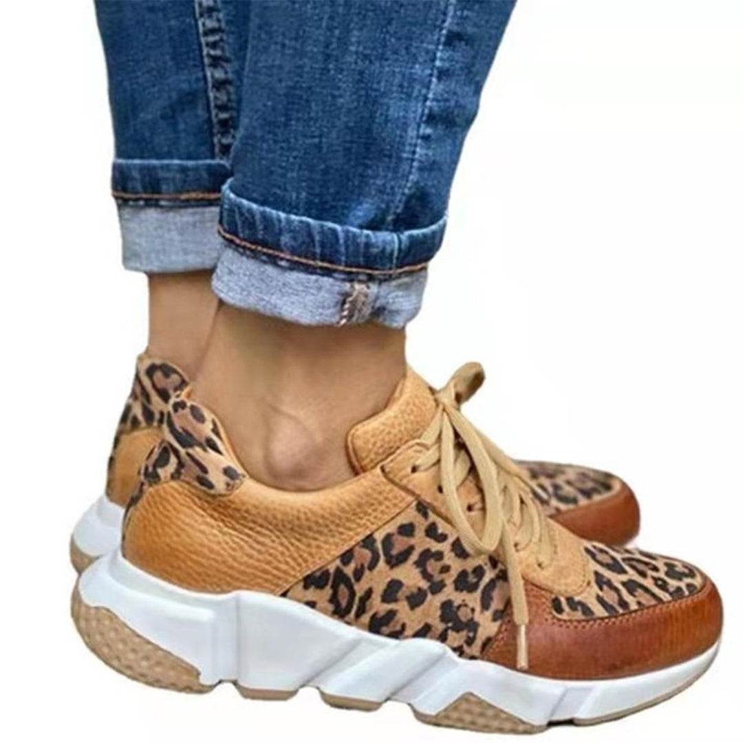 Baskets Femme - Cuir et Daim - Imprimé Animal - Semelle Épaisse - Lacets Ajustables