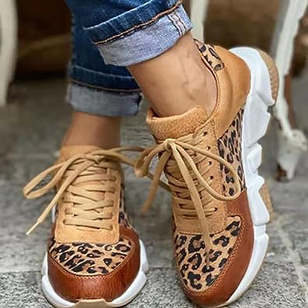 Baskets Femme - Cuir et Daim - Imprimé Animal - Semelle Épaisse - Lacets Ajustables