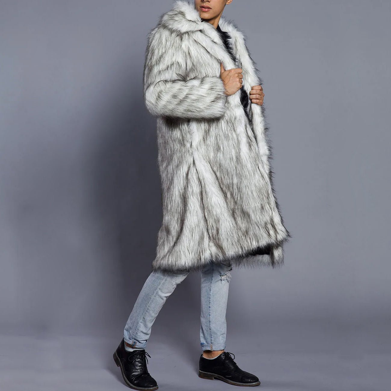 Manteau en fausse fourrure homme – Coupe oversize – Longueur cheville – Col large