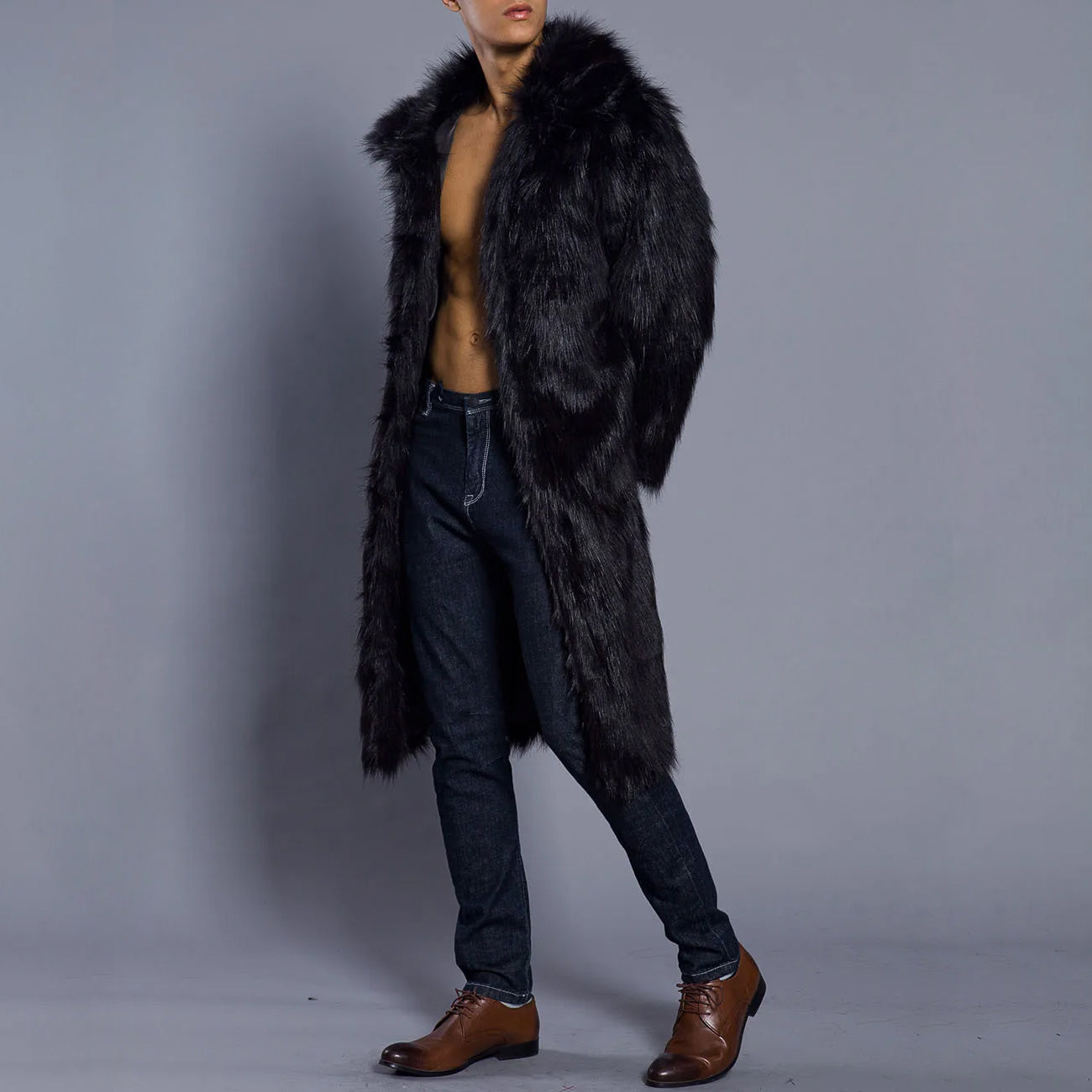 Manteau en fausse fourrure homme – Coupe oversize – Longueur cheville – Col large