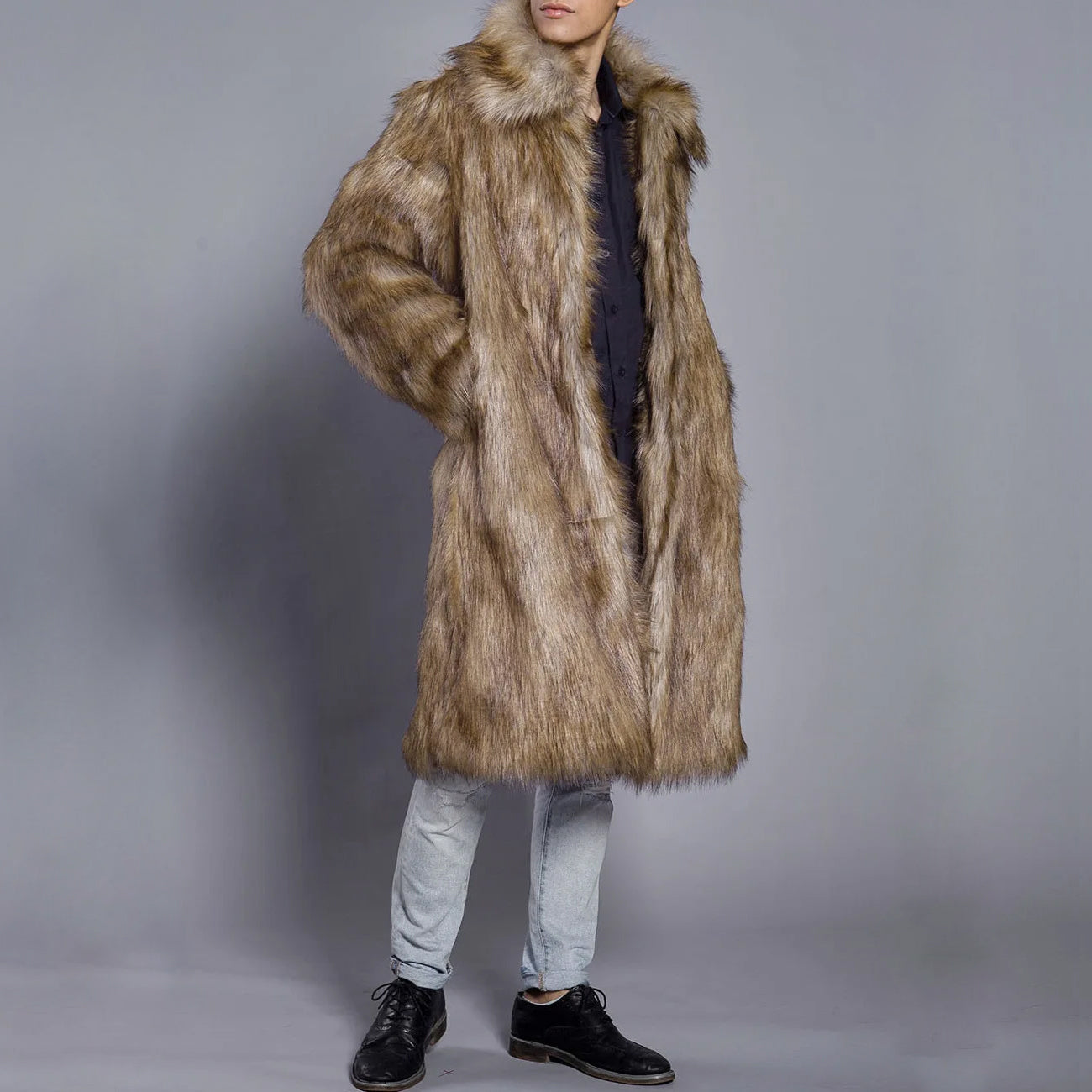 Manteau en fausse fourrure homme – Coupe oversize – Longueur cheville – Col large