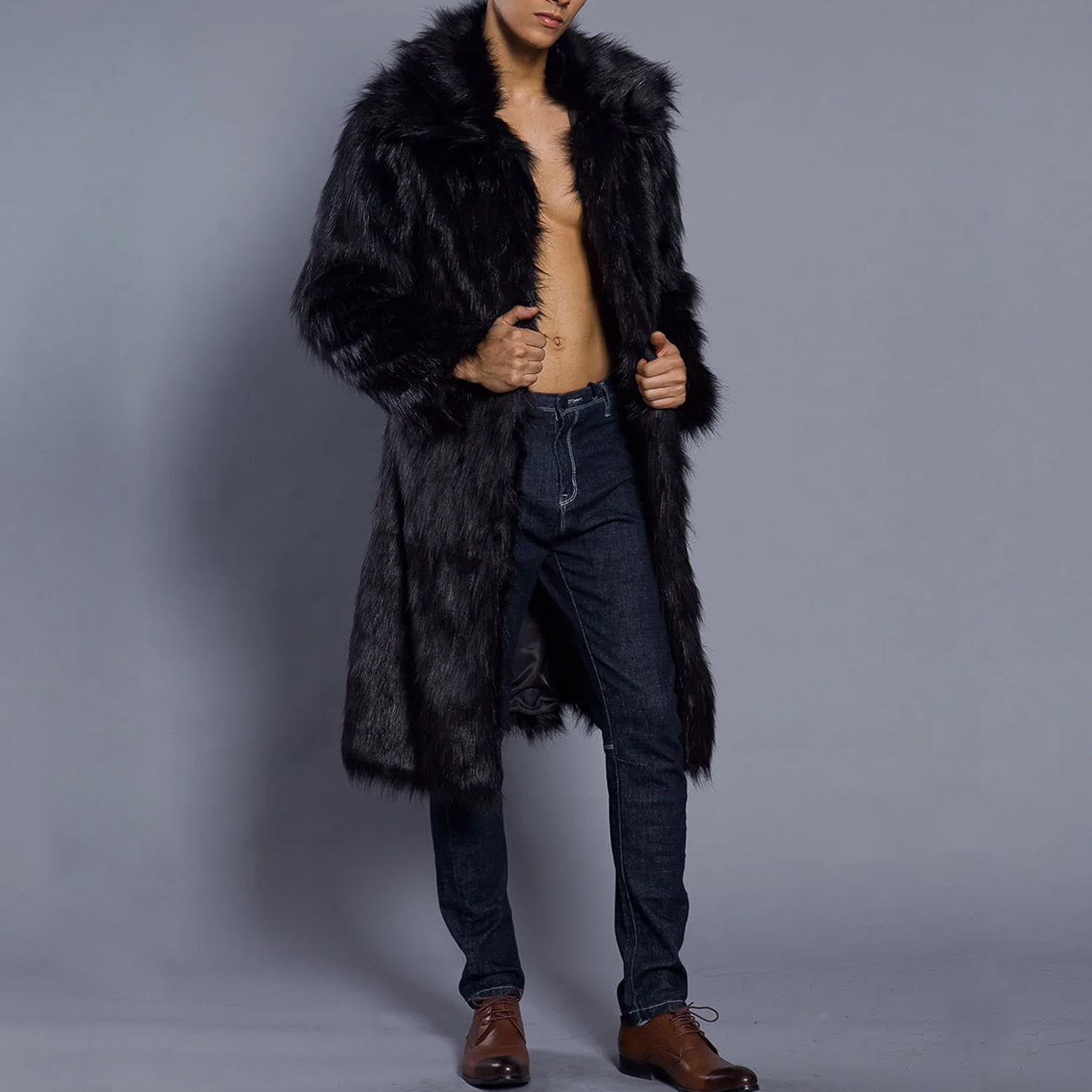 Manteau en fausse fourrure homme – Coupe oversize – Longueur cheville – Col large