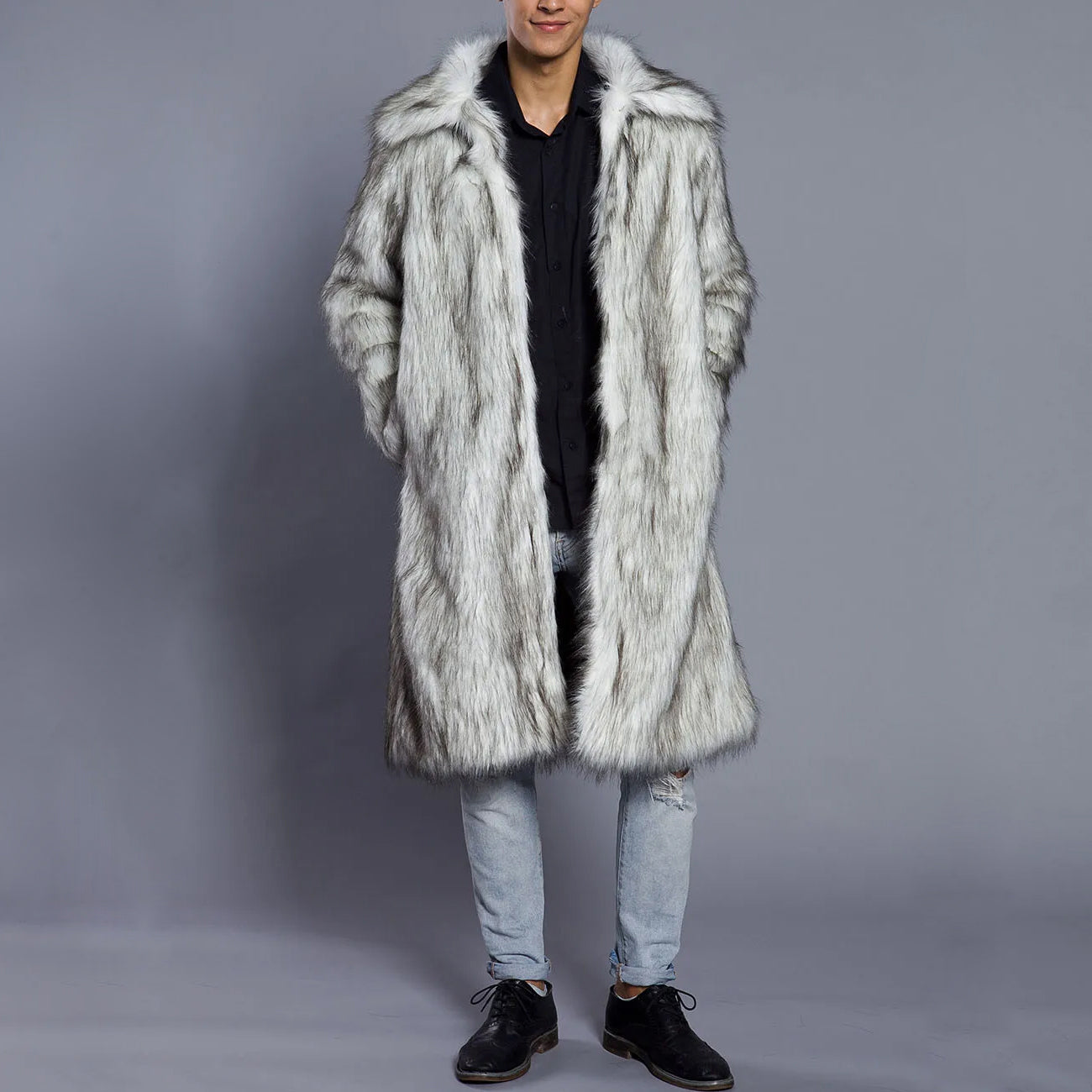 Manteau en fausse fourrure homme – Coupe oversize – Longueur cheville – Col large