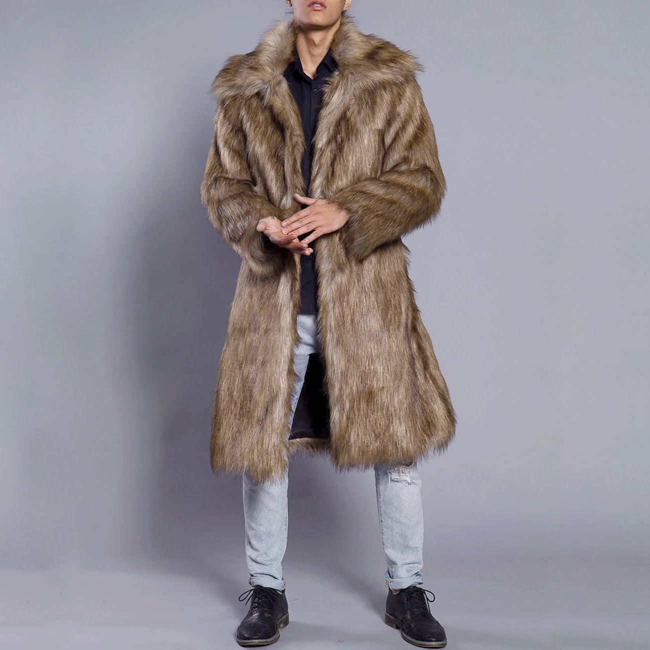 Manteau en fausse fourrure homme – Coupe oversize – Longueur cheville – Col large